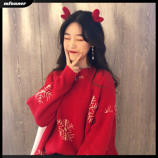 Áo Sweater Dệt Kim Tay Dài Cổ Tròn Dáng Rộng In Hoạt Hình Giáng Sinh Thời Trang Cho Nữ