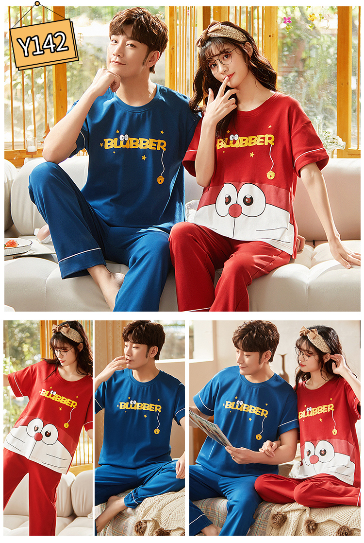 Bộ Đồ Ngủ Tay Ngắn Vải Cotton In Hình Doraemon Dễ Thương Cho Các Cặp Đôi