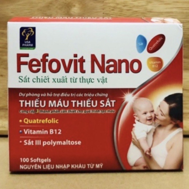 Viên uống Fefovit Nano Bổ Sung Sắt, Tăng Cường Lưu Thông Máu Cho Phụ Nữ Mang Thai Hộp 100 viên
