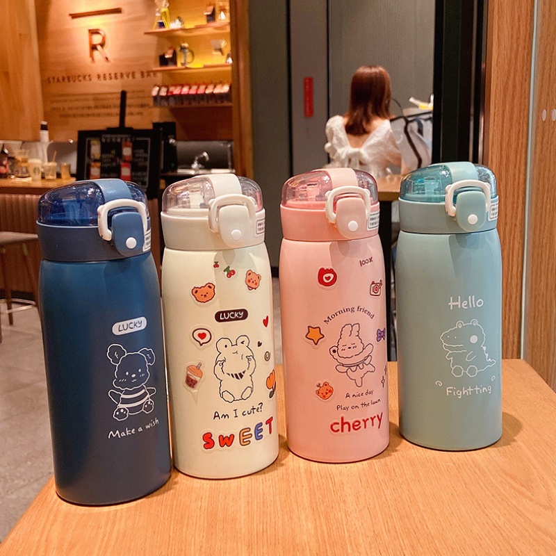 Bình giữ nhiệt 500ml, Bình nước mini inox có ống hút tiện dụng cho bé đi học kèm Dây +Sticker -BlueStore