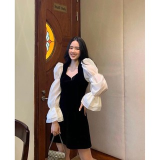 Đầm đen phối tay trắng h14