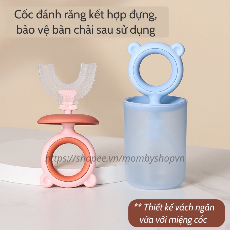 Bàn chải đánh răng chữ u cho bé Teddy kèm cốc, bàn chải đánh răng silicon cho bé từ 2 - 7 tuổi