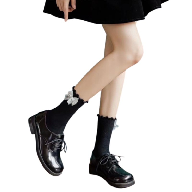 Youyo Vớ Cổ Thuyền Đính Kim Sa Lấp Lánh Viền Bèo Viền Gân Màu Trắng Đen Phong Cách Harajuku Nhật Bản Ngọt Ngào