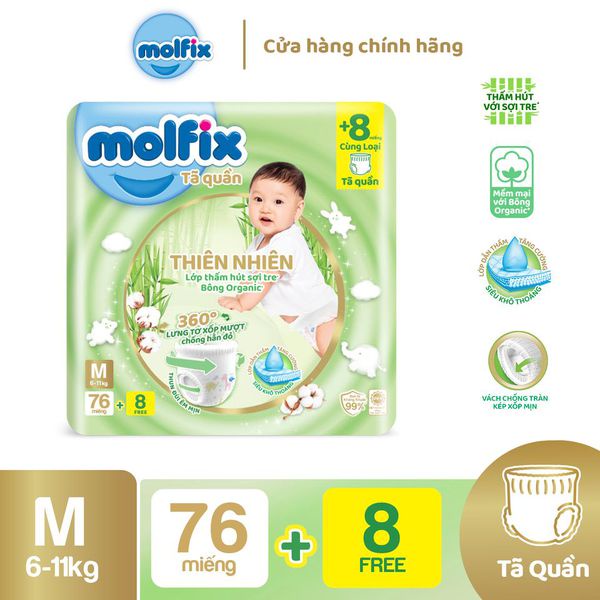 [Tặng khăn ướt Omely] Tã/bỉm Quần/Dán Molfix Thiên nhiên S80+8 , M76+8 , L68+8 , XL62+8 , XXL56+8 bông tự nhiên Organic