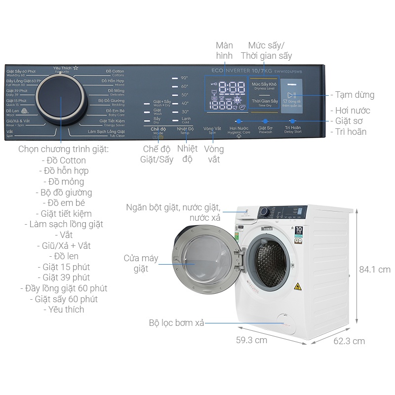 EWW1024P5WB - Máy Giặt Sấy Electrolux Inverter 10 kg EWW1024P5WB - Giặt 10Kg - Sấy 7Kg