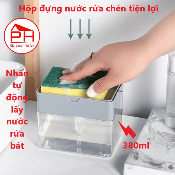 Hộp đựng nước rửa chén 380ml ấn lấy nước rửa bát thông minh (Tặng kèm miếng bọt biển) - Gia dụng Phước Hòa