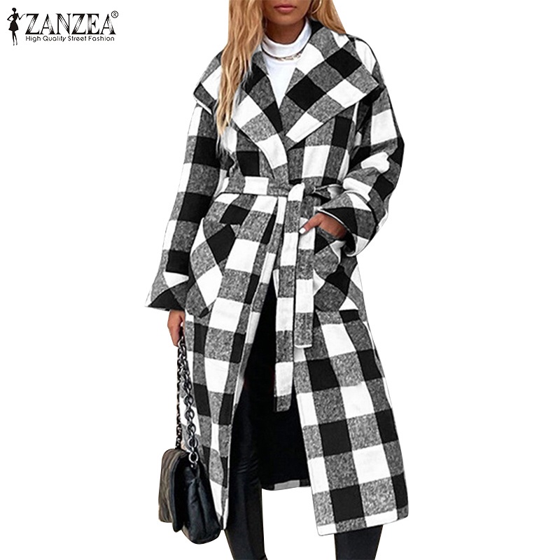 Áo khoác cardigan dài ZANZEA cổ bẻ dài tay dáng rộng in họa tiết caro thời trang thường ngày cho nữ