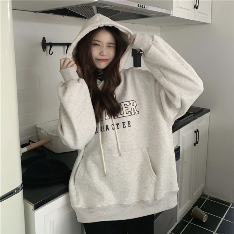 Áo Hoodies Tay Dài Hoạ Tiết Chữ In Phong Cách Hàn Quốc