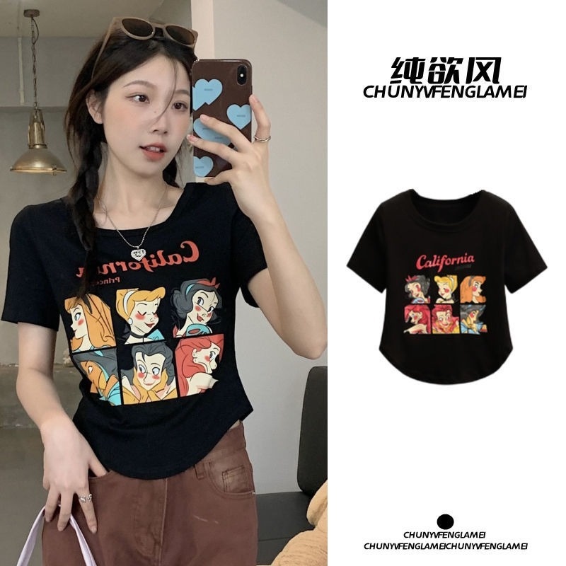 Áo Thun Crop Top Tay Ngắn Hở Vai In Họa Tiết Hoạt Hình Thời Trang Mùa Hè 2022 Cho Nữ