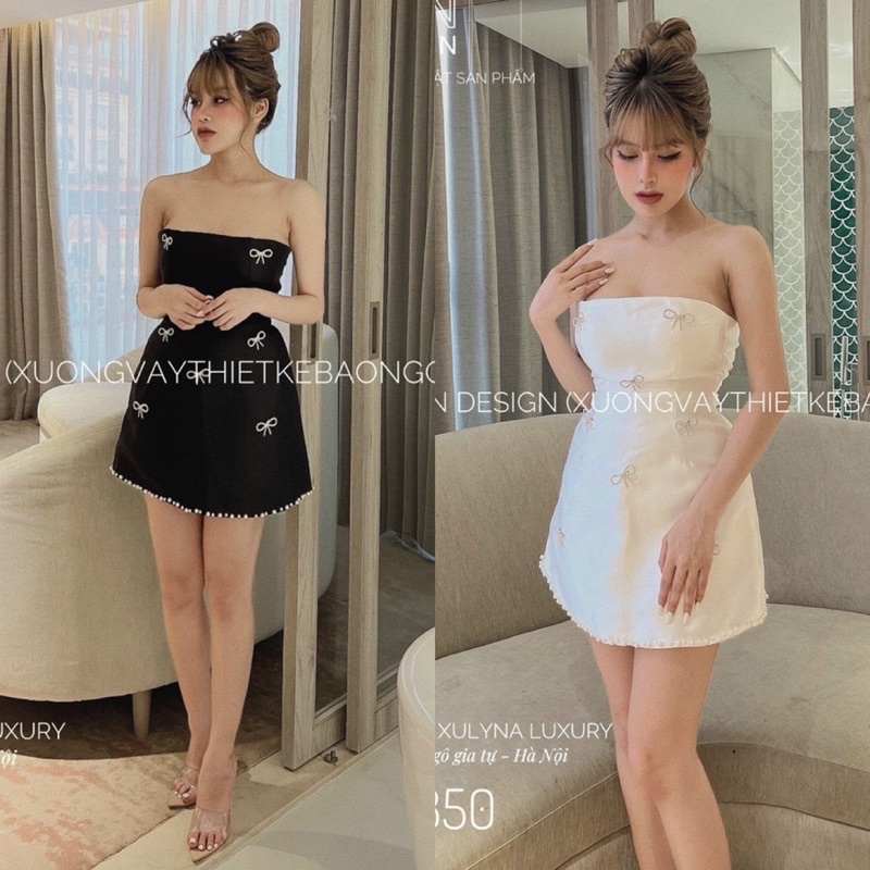 Đầm ống tafta trắng đen đính tag nơ, váy ngắn dáng chữ A đơn giản sang trọng quý phái thời trang hotgirl đi chơi dự tiệc