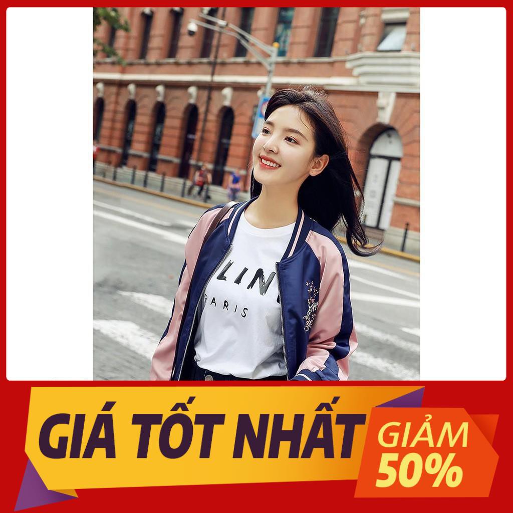 Áo Khoác Dù Bomber Dây Kéo KD14 Thêu Hoa Anh Đào, Form Hàn Quốc Unisex Cho Nam Nữ_Freesize Dưới 60kg