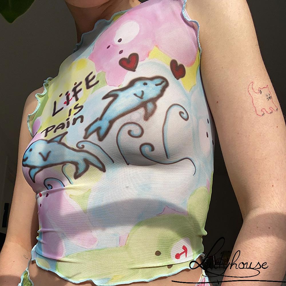 Áo Croptop Không Tay Cổ Tròn In Họa Tiết Hoạt Hình Thời Trang Mùa Hè Cho Nữ