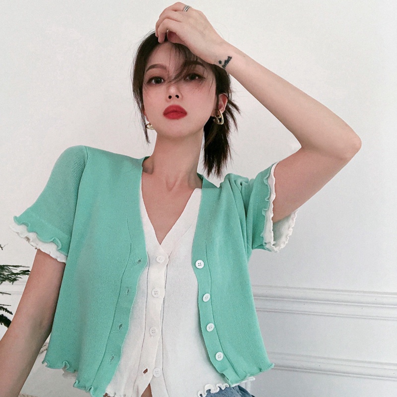 Áo kiểu ZHELIHANGFEI ngắn tay giả hai lớp cổ chữ V ôm dáng thời trang mùa hè dành cho nữ