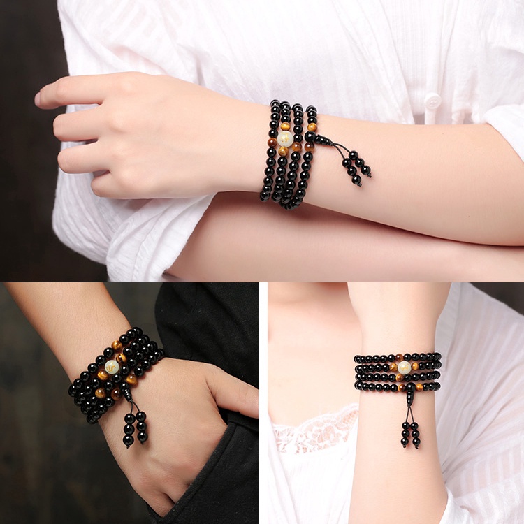 Vòng Tay Chuỗi 108 Hạt Đá obsidian Nhiều Lớp Phát Sáng Độc Đáo Cho Cặp Đôi