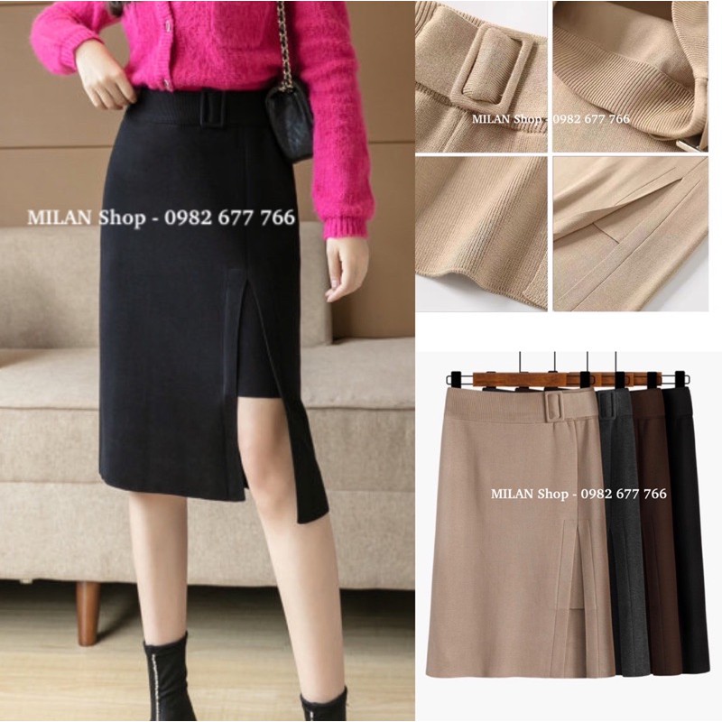 Chân váy len qua gối sẻ gấu giả đai style