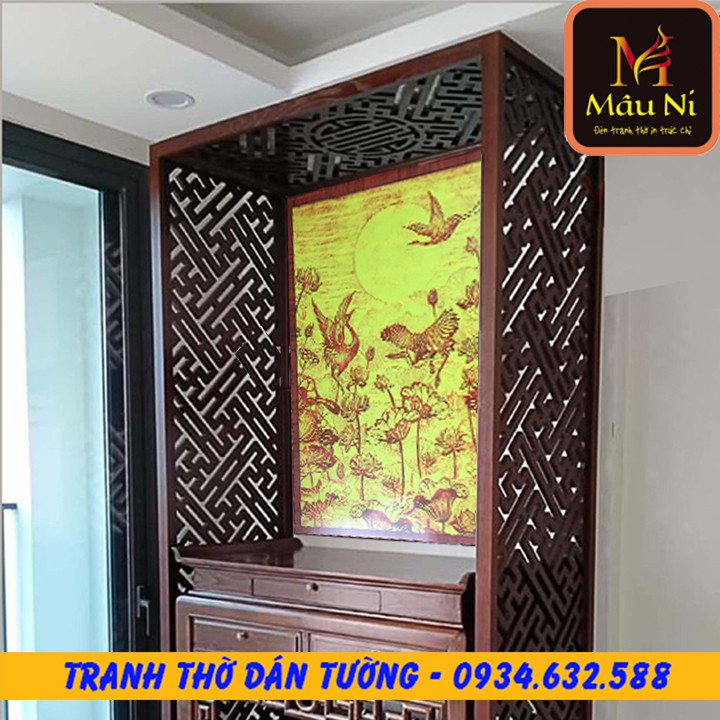 TRANH DÁN TƯỜNG Bàn thờ thần tài thổ địa - kt 61cmx81cm - sen hạc dọc [ Tranh vách tường ban thờ ]