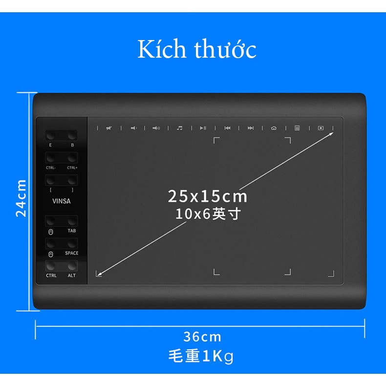 Bảng vẽ điện tử Vinsa  - 10x6 inch,8192 cấp độ lực, độ nhạy cao, độ trễ thấp