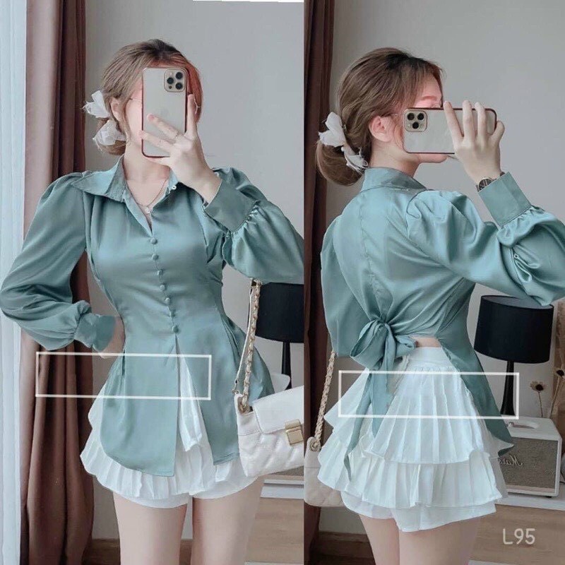 áo sơ mi tiểu thư phi lụa nơ sau phối nút