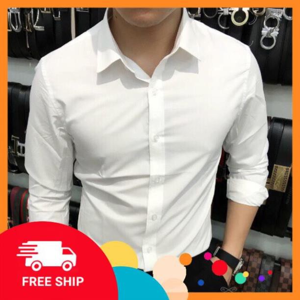 (FREE SHIP) Áo sơ mi nam dài tay Hàn Quốc dáng ôm sơ mi nam trắng cổ bẻ vải lụa thái chống nhăn chống xù