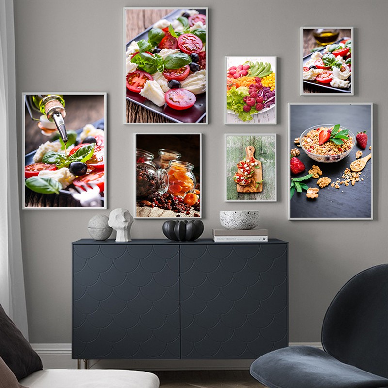 Tranh Vải Canvas Treo Tường Trang Trí In Hình Phô Mai Cà Chua Trái Cây Rau Củ Quả Kiểu Bắc Âu Dễ Thương