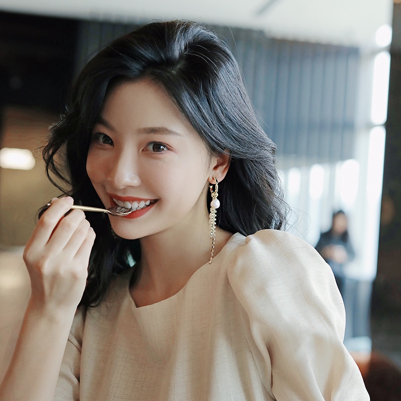 Bông Tai Dạng Chuỗi Dài Hình Chữ C Bằng Bạc 925 Đính Ngọc Trai Và Kim Cương Thời Trang Cho Nữ