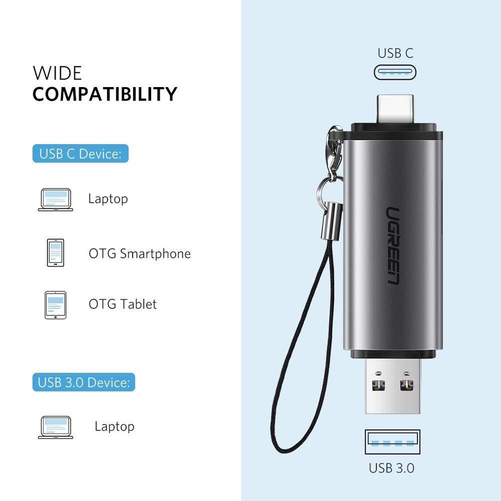 Đầu đọc thẻ nhớ SD/TF chuẩn USB Type C và USB 3.0 Ugreen 50706 chính hãng