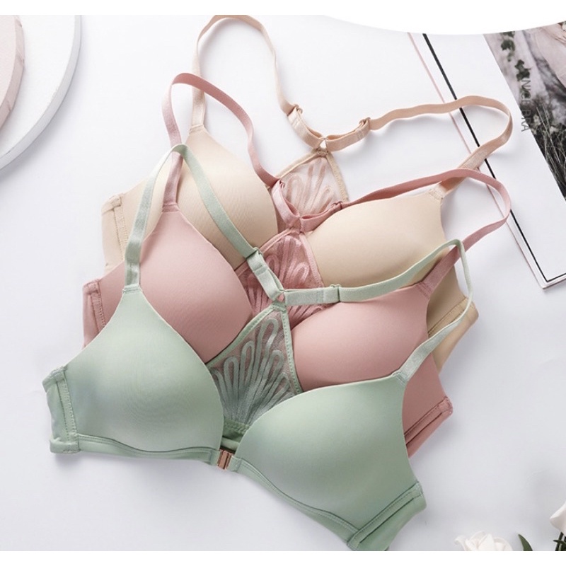 Áo ngực cài trước không gọng mút mỏng màu trơn phối ren dây chéo thoải mái CT13