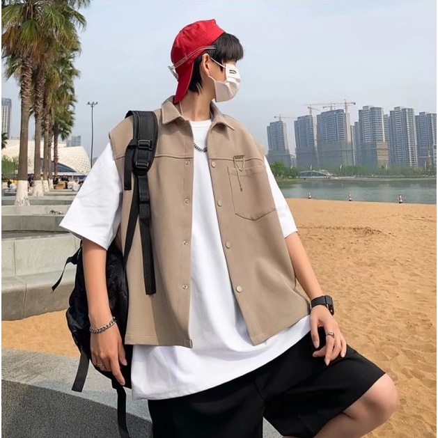 Áo gile unisex WIIS form rộng Gile Basic Tea nam nữ oversize phong cách ulzzang Áo gile nam nữ chất liệu kaki form rộng