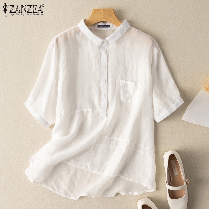 Zanzea Áo Sơ Mi Tay Dài Cổ Bẻ Màu Trơn Phong Cách Retro Dành Cho Nữ