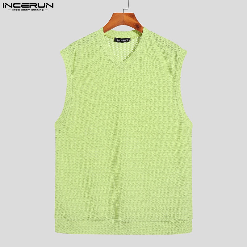 Áo ba lỗ INCERUN màu trơn cổ chữ V thời trang mùa hè dành cho nam size S-5XL