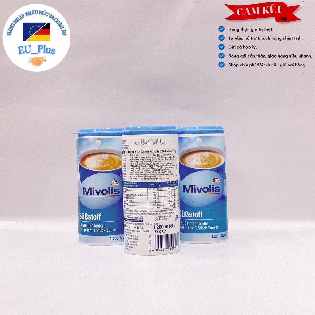 Đường ăn kiêng Mivolis nội địa Đức 1200 viên 72g (date 3.2024)