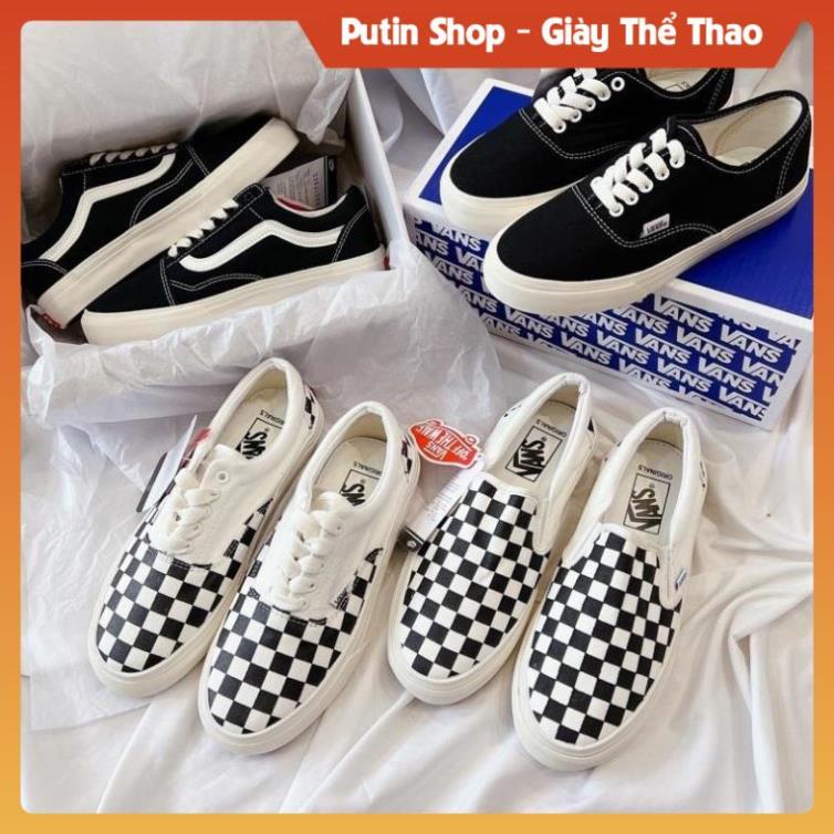 Giày Thể Thao Nam Nữ Van Vault Ba Màu Đen Classic, Giầy Vans lười caro đế kem full bill box