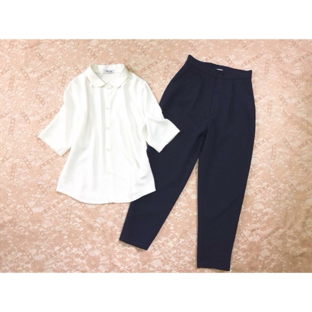 Set áo sơ mi cổ sen + quần baggy tím than