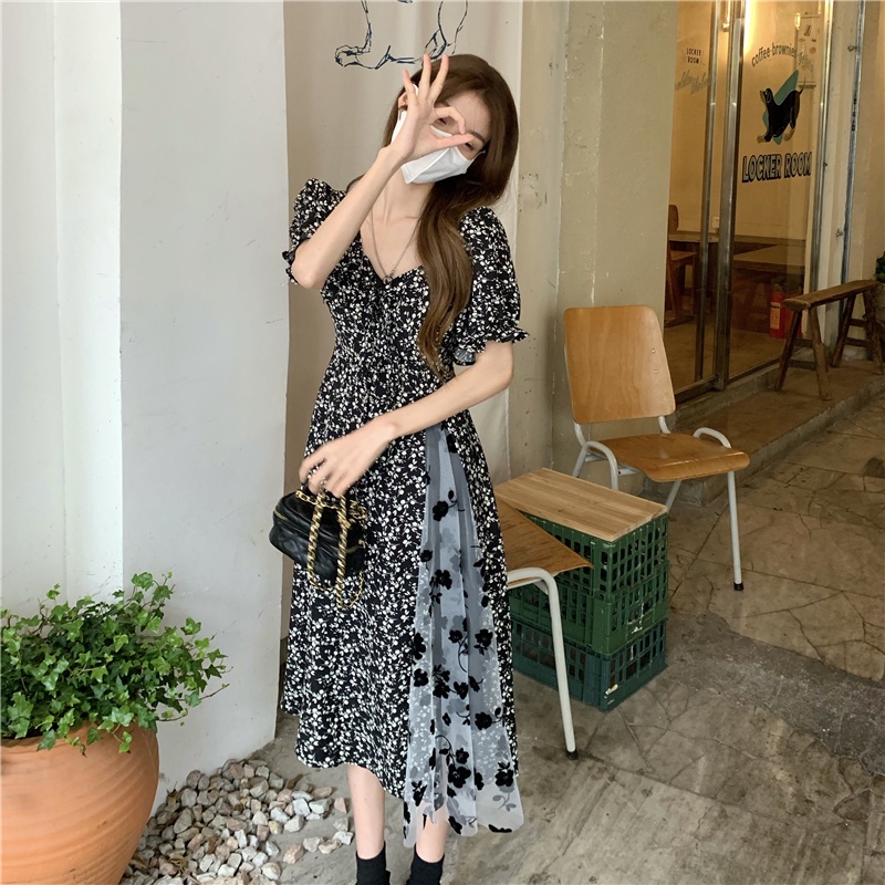 Đầm ZHELIHANGFEI họa tiết hoa cổ vuông dáng dài xinh xắn dành cho nữ