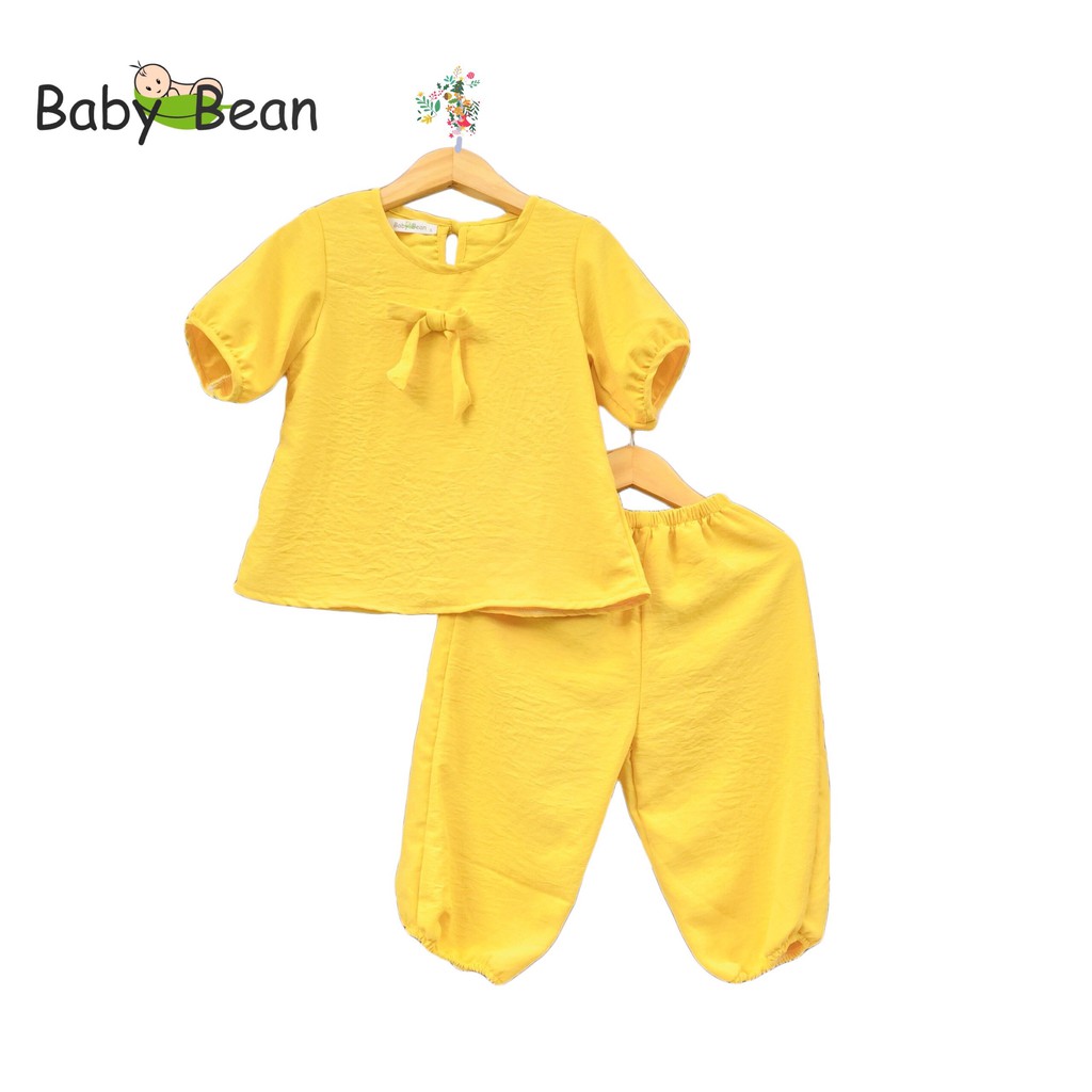 [MÃ THỜI TRANG YÊU THÍCH Voucher giảm 10%] Đồ Bộ Đũi Tay Nhún Quần Ống Bo đính Nơ bé gái BabyBean