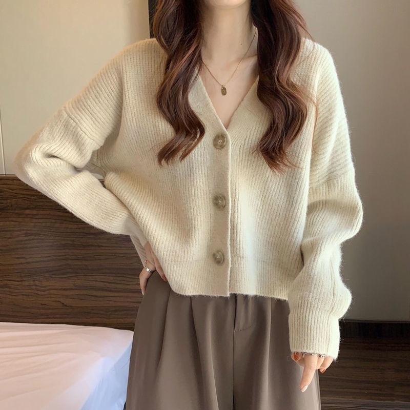Áo Sweater Dệt Kim Tay Dài Dáng Rộng Cổ V Xinh Xắn Cho Nữ