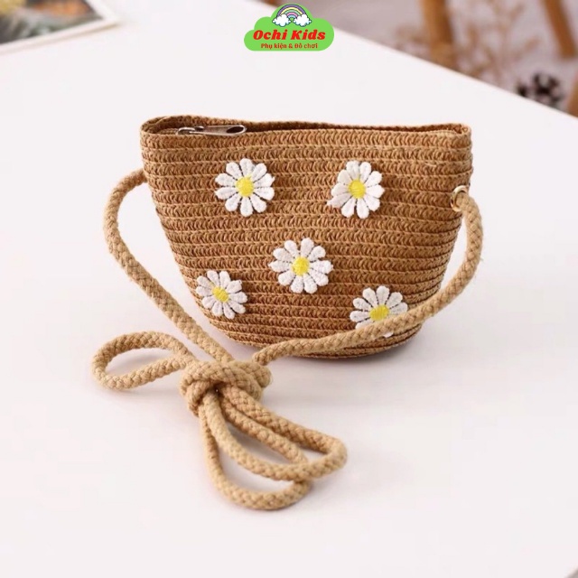 Set mũ cói kèm túi xách đeo chéo đính hoa cho bé gái, bộ túi nón cói bé gái 2 - 9 tuổi