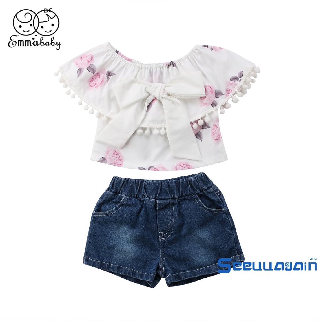 Set Áo Trễ Vai Và Quần Short Denim Xinh Xắn Dành Cho Bé Gái