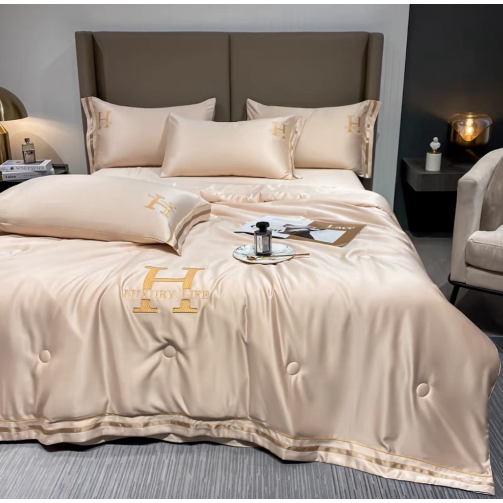 Bộ chăn ga gối lụa Dream city và lụa chữ H sang chảnh chăn trần hè mát lạnh giá rẻ