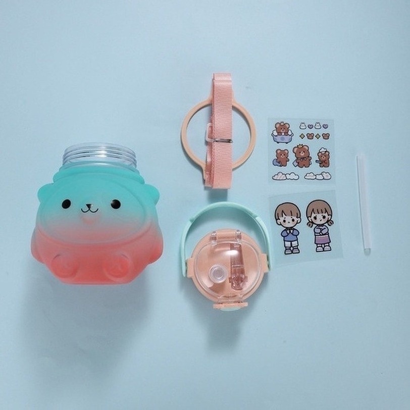 Bình nước con Gấu Hoạt Hình 1000ML Dễ Mang Theo Màu Gradient Có Ống Hút Dành Cho bình nước cho bé