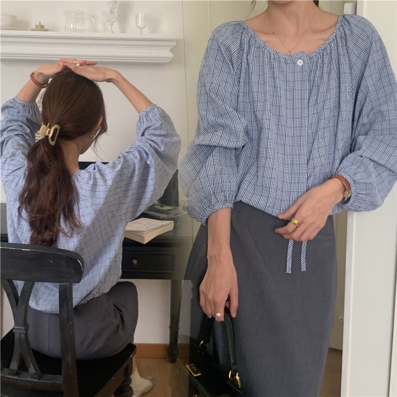 SUXI Áo Sơ Mi Caro Tay Dài Cổ Tròn Dáng Rộng Phối Dây Rút Trẻ Trung Phong Cách Vintage Hàn Quốc Cho Bạn Gái