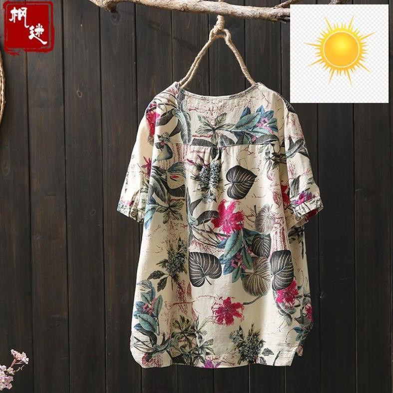 Áo kiểu nữ trung niên AKIRA bigsize vải linen hoa đũi cao cấp thấm hút mồ hôi dành cho 55kg - 80kg