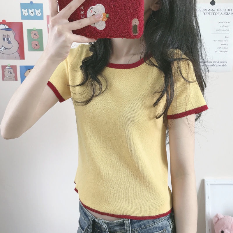 AMOI Áo polo Dệt Kim Tay Ngắn Cổ Tròn Thời Trang Hàn Quốc Cho Nữ