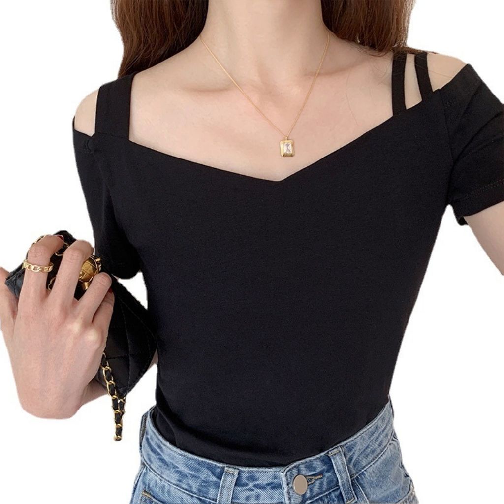 Áo Thun Nữ Dáng Ôm KIểu 2 Dây Trễ Vai Tay Ngắn Vải Cotton , Màu Trơn Cao Cấp Full Size