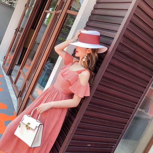 Váy Maxi Đi Biển Hở Vai Cam Form Bồng - Váy Đi Biển Trễ Vai (có ảnh thật) - Đầm Maxi Đi Biển Khoét Lưng | BigBuy360 - bigbuy360.vn