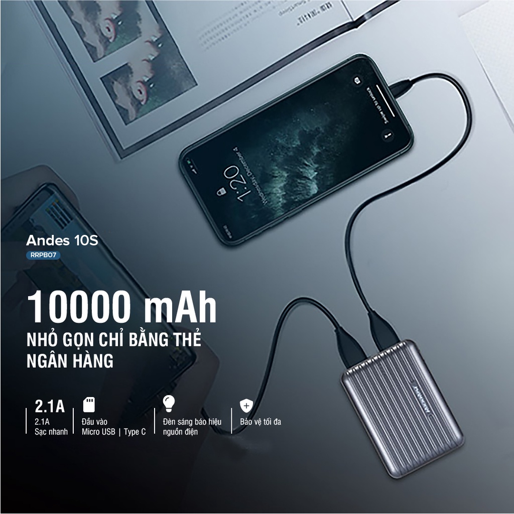 Sạc Dự Phòng Siêu Nhỏ 10000mAh ROCKROSE Andes 10S QC 3.0 - Cổng USB A Sạc Nhanh Cho Iphone/ Android