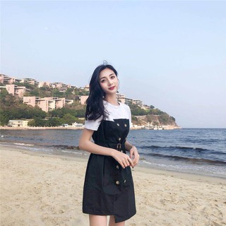 ORDER Đầm kate phối áo thun trắng kèm đai