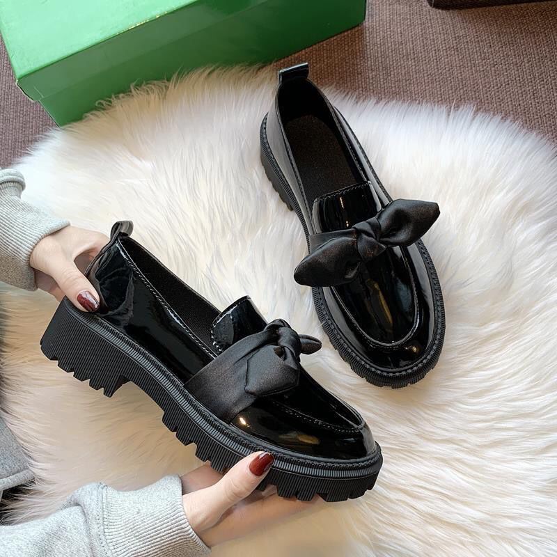 Giày Da Đế Thấp Đính Nơ Xinh Xắn Theo Phong Cách Anh Quốc Dành Cho Nữ