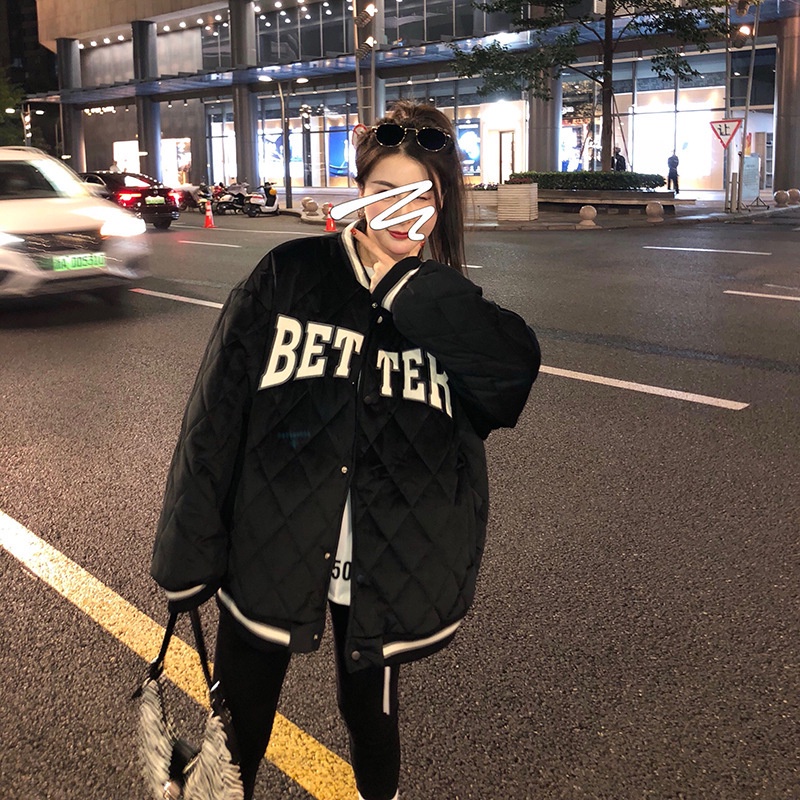 Áo khoác bomber WONHARIM phao trần bông quả chám thêu chữ Giant, áo bomer bóng chày thêu chữ cá tính