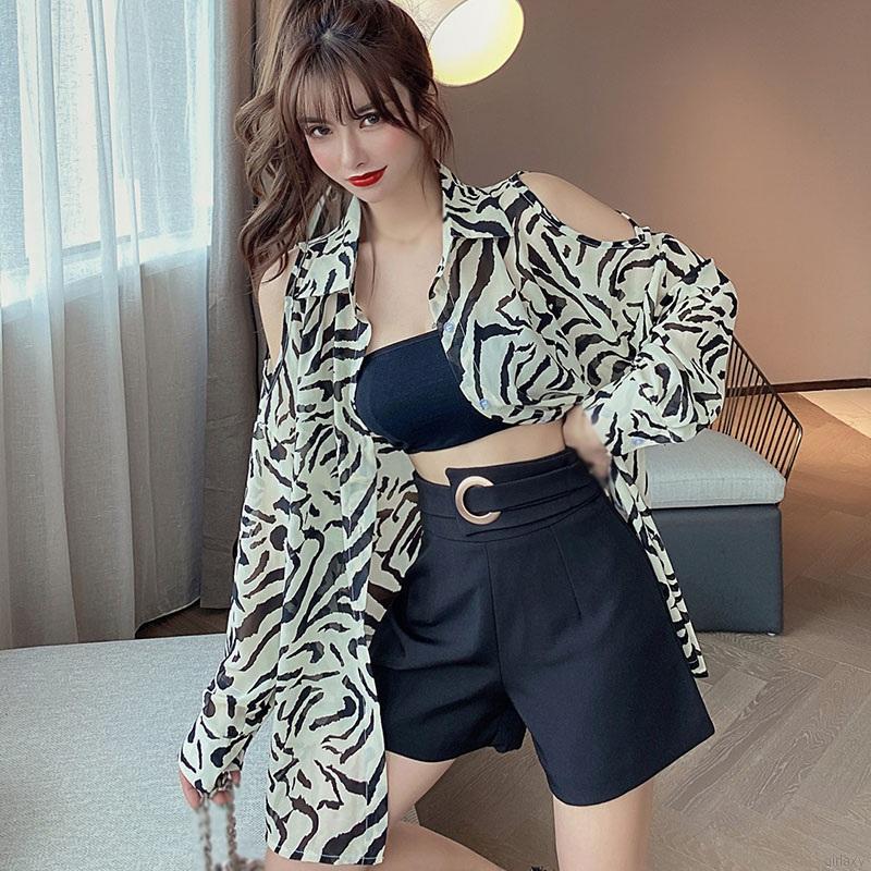 Áo Trễ Vai Tay Dài Hoạ Tiết Da Báo Kiểu Hàn Quốc